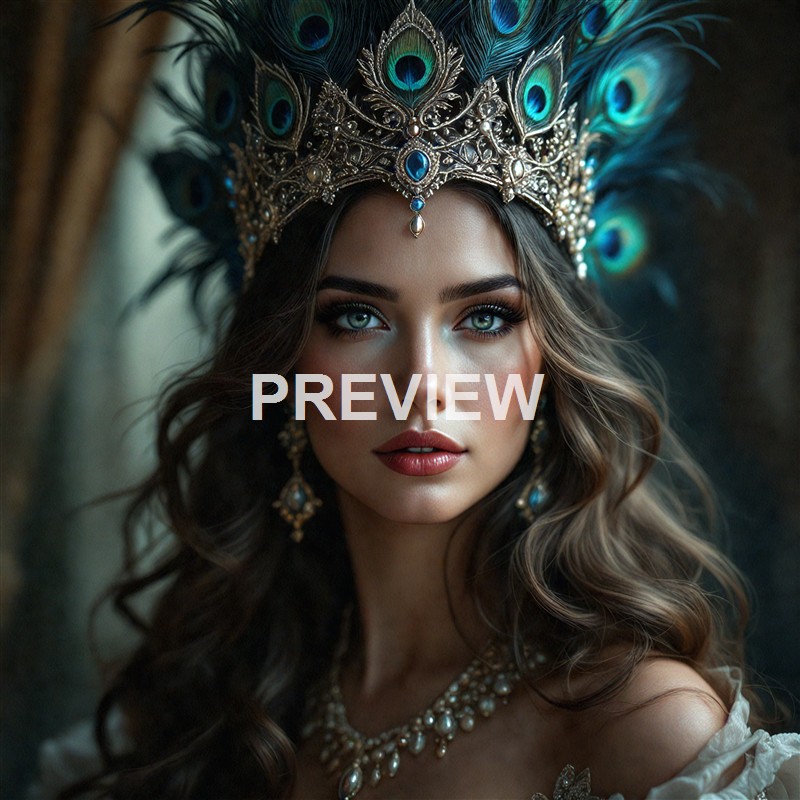 A woman with striking blue eyes wearing an ornate crown decorated with peacock feathers and jewelry, with long wavy hair, set against a dark background.
