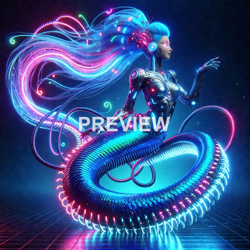 A futuristic, cybernetic mermaid with glowing neon hair and a metallic tail, surrounded by vibrant light trails and digital effects.