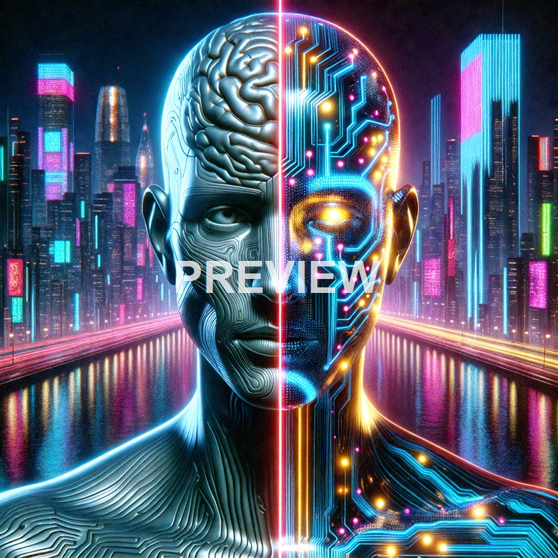 A futuristic digital artwork depicting a human face split into two halves, one with detailed anatomical features and the other with glowing circuit-like patterns, set against a cityscape with neon lights.