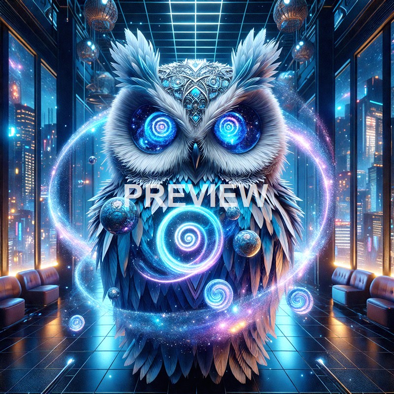 A fantastical, glowing owl with swirling galaxy eyes and planets orbiting its body, set against a futuristic cityscape with large windows and a grid-patterned ceiling.