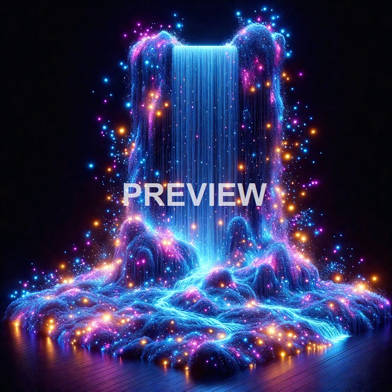 A digital art installation depicts a vibrant, glowing waterfall with cascading streams and surrounding splashes of multicolored light against a dark background.