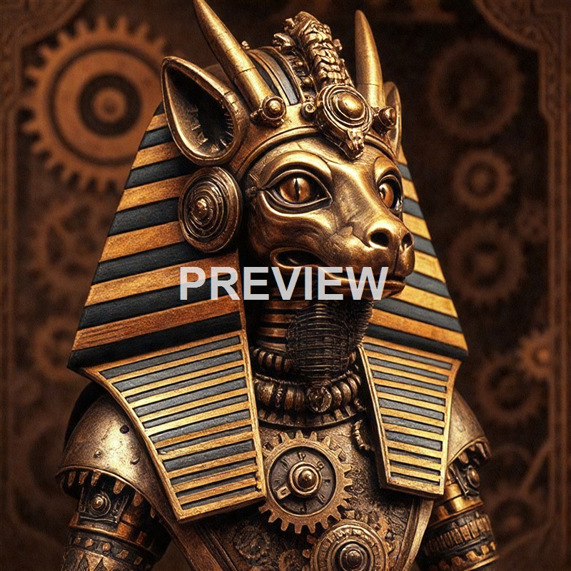 A detailed, gold-colored statue of an anthropomorphic feline with a regal Egyptian headdress adorned with gears and mechanical elements, set against a background with intricate gear patterns.